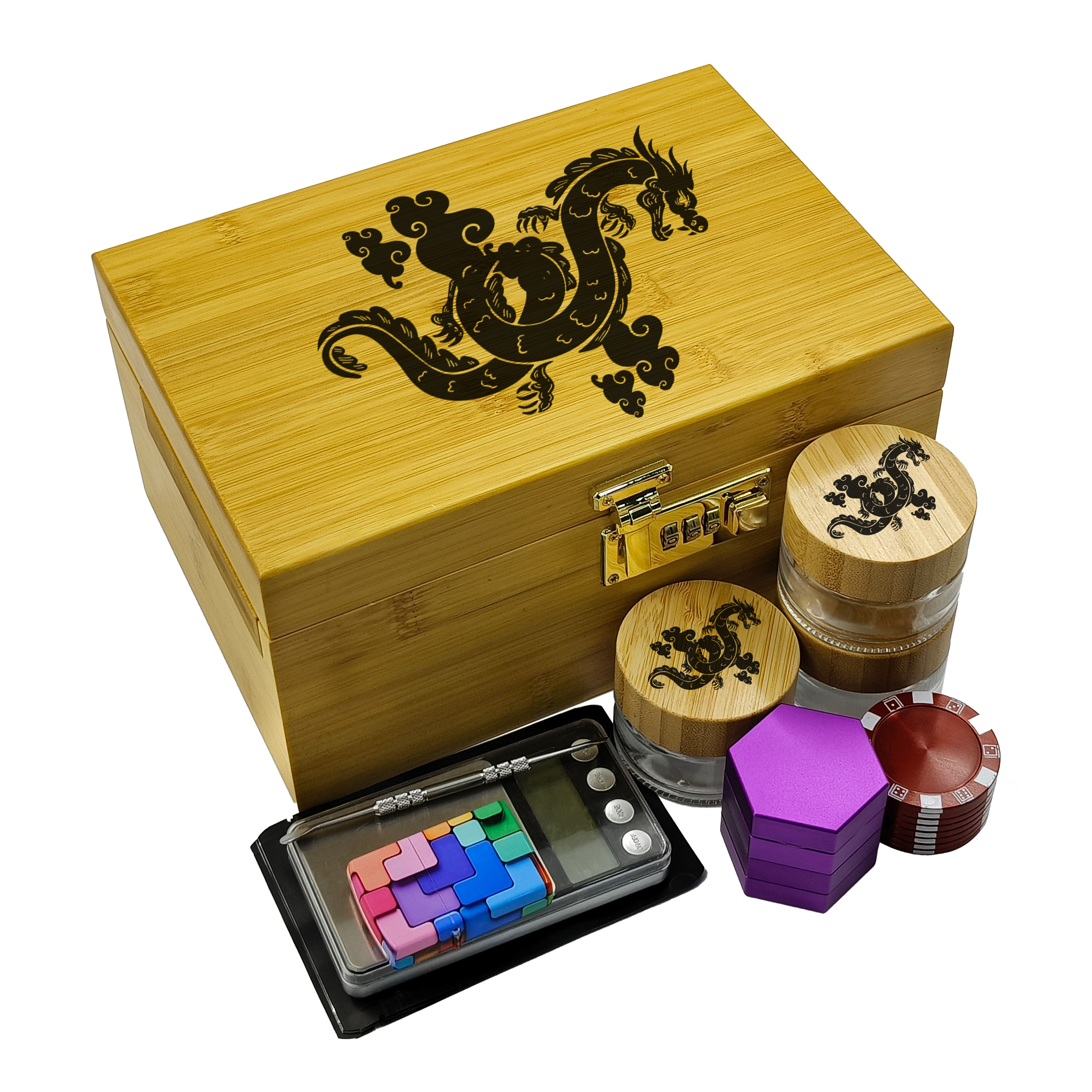 [W2003][9.2*6.7*4.9 in]Wood Herb Stash Box with Rolling Tray Storage Container to Store Smoking Accessories Grinder