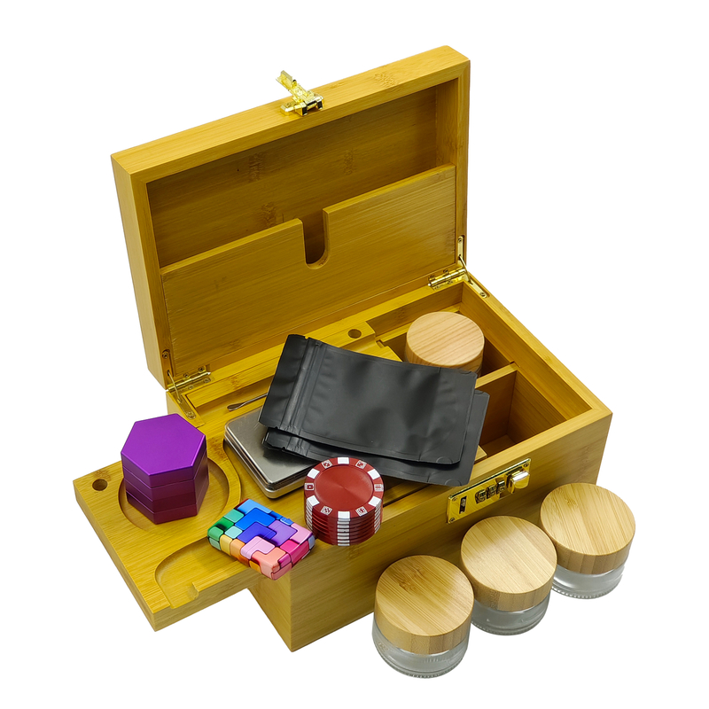 [W2003][9.2*6.7*4.9 in]Wood Herb Stash Box with Rolling Tray Storage Container to Store Smoking Accessories Grinder