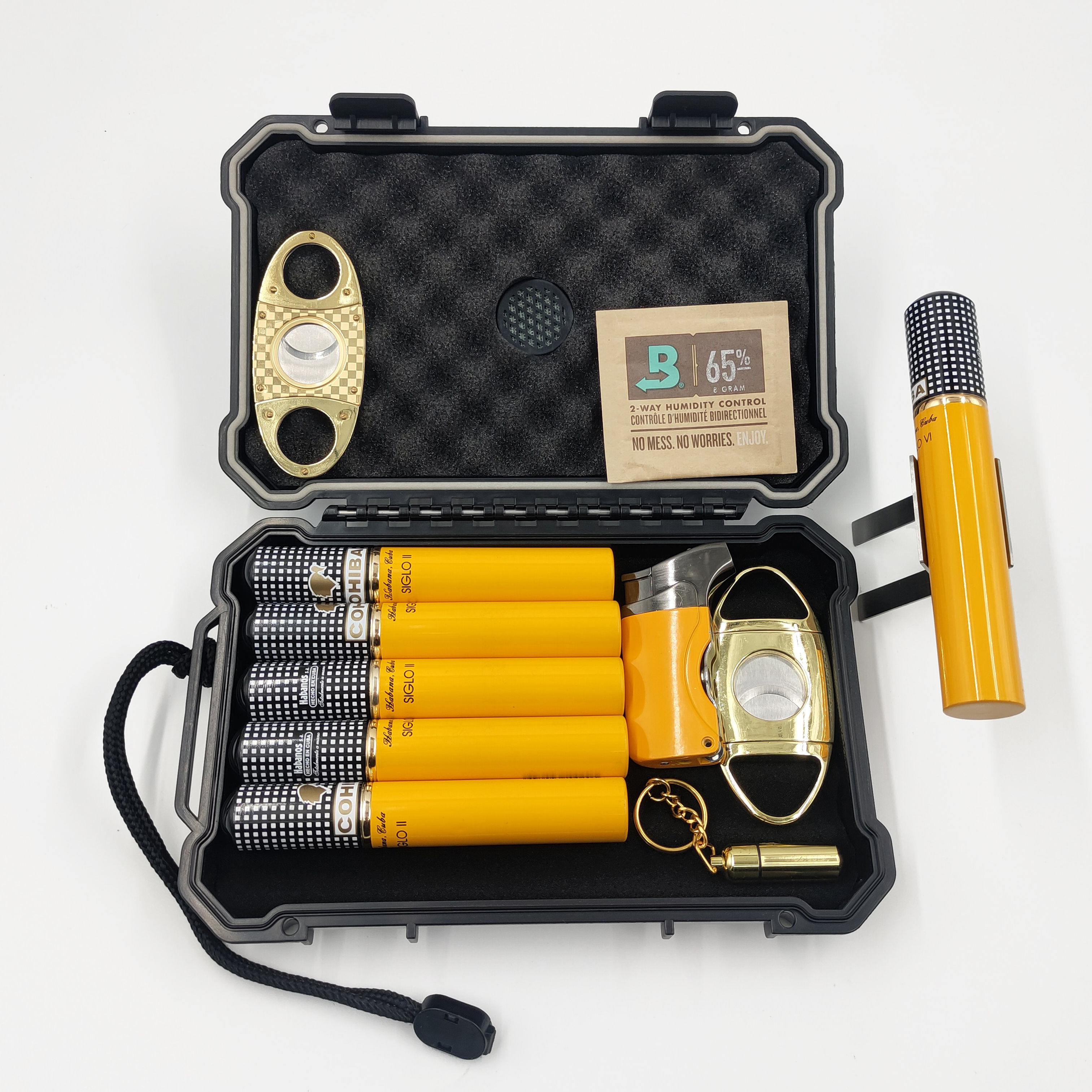 [BP-1201CI] [5CT] NEW Design Manufacturer Wholesale Waterproof Travel Humidor Cigar Gift Portable Cigar Case with Cigar Cutter And Lighter