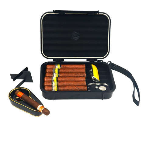 Factory Wholesal Cigar Travel Humidor Double Cigar Case Cigar Full Set with Sparate Storage for Accessories Hold 5 Cigars Packets 